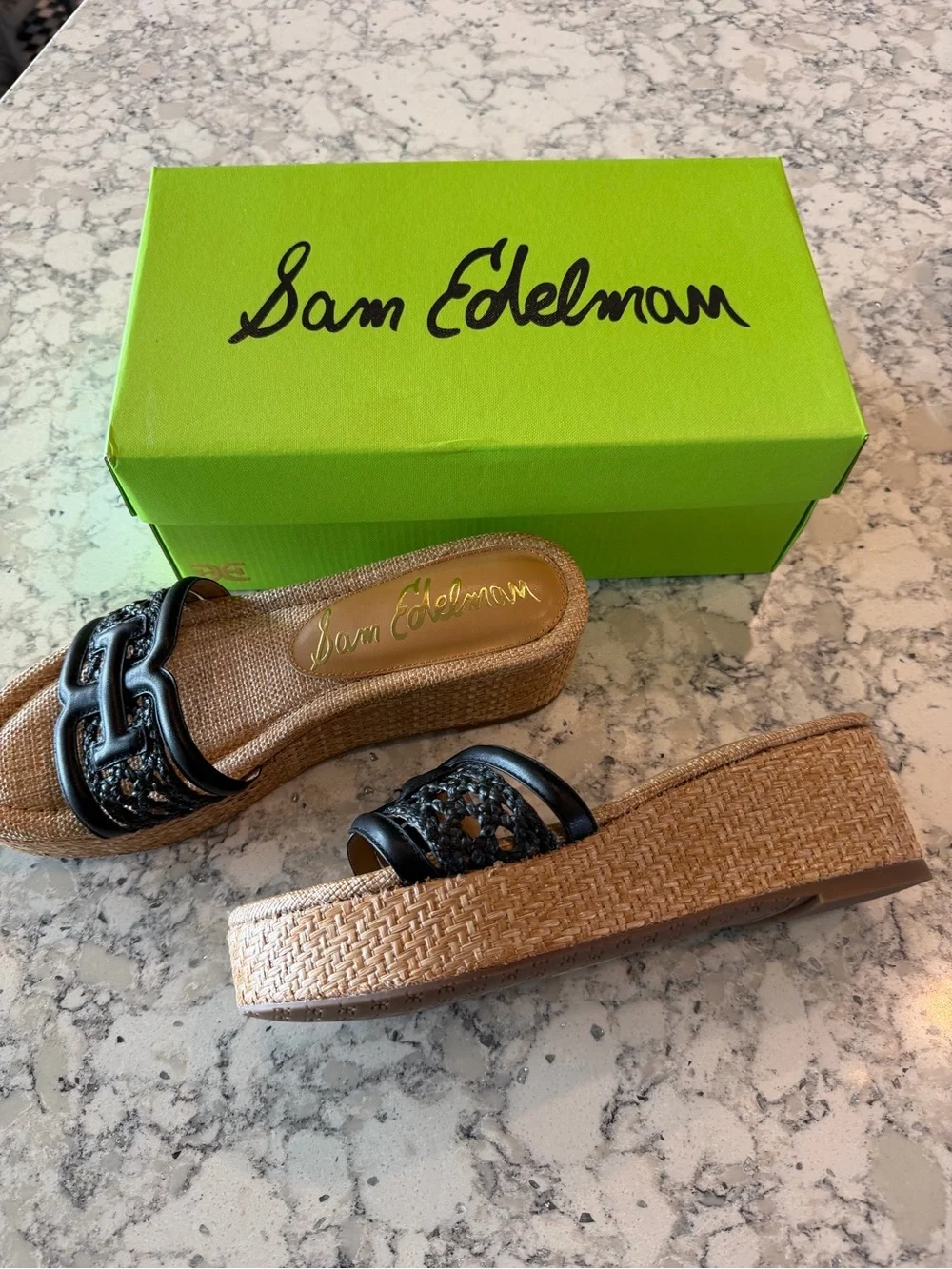 Sam Edelman Pauleena Black Leather Raffia-Wrapped Platform Slides size 8